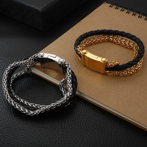 Men's Braided Leather Bracelet With Stainless Steel Wheat Chain Multi-Layer Trendy Punk Hand Jewelry Magnetic Clasp