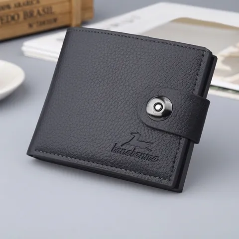 Herren Bifold Brieftasche PU Leder Litschi Textur Druckknopfverschluss Kurz Business Vintage Kartenhalter Fotofenster