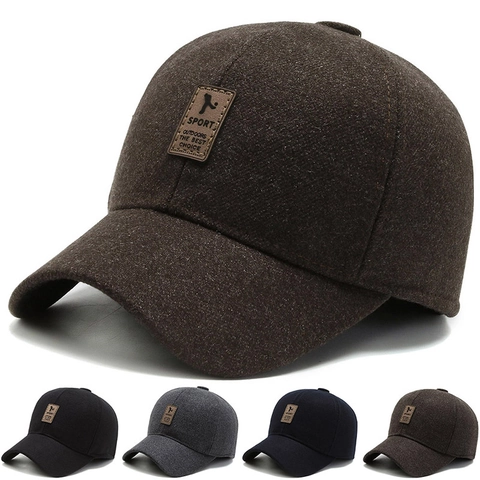 Baseball Cap Winter Warm Woolen Hat With Foldable Ear Flaps For Men Outdoor Sport Windproof Simple Style