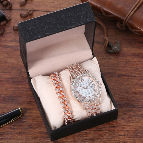 Luxurious Men's Hip Hop Iced Out Watch And Bracelet Set Stainless Steel Rhinestone Roman Numerals Date Quartz Watch Set
