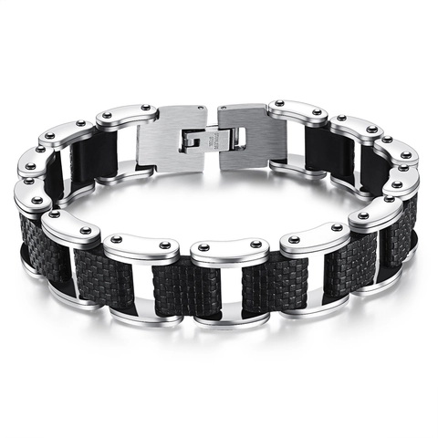 Bracciale Da Uomo In Acciaio Inossidabile E Silicone Catena Meccanica Gioielli Industriali Nero Argento