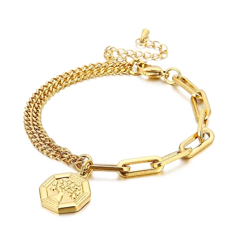 Levensboom Octagon Hanger Armband Roestvrij Staal Asymmetrische Paperclip Curb Ketting Verstelbare Mode Sieraden Vrouwen