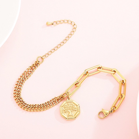 Levensboom Octagon Hanger Armband Roestvrij Staal Asymmetrische Paperclip Curb Ketting Verstelbare Mode Sieraden Vrouwen