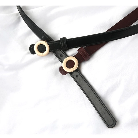 Damen Schmaler PU Ledergürtel Mit Goldener Runder Legierungsschnalle Druckknopf Einfarbiger Modischer Taillengürtel Für Kleider Jeans