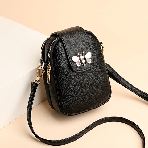 Mini Crossbody Bag For Women PU Leather Lychee Pattern Multi Layer Zipper Cell Phone Purse With Gold Bee Decoration