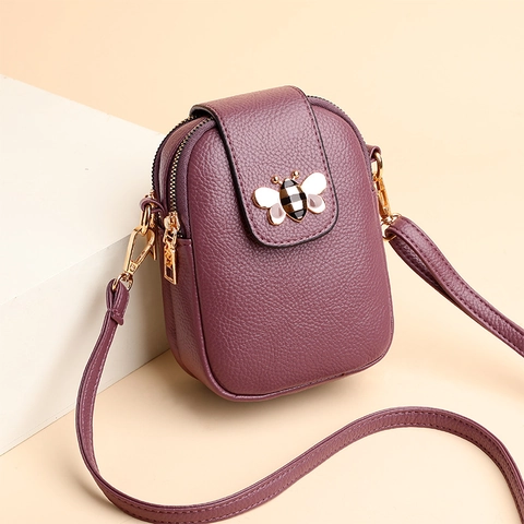 Mini Crossbody Bag For Women PU Leather Lychee Pattern Multi Layer Zipper Cell Phone Purse With Gold Bee Decoration