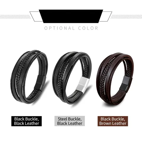 Pulsera De Cuero Multicapa Para Hombre Con Cierre Magnético De Acero Inoxidable Pulsera Trenzada Retro Estilo Punk