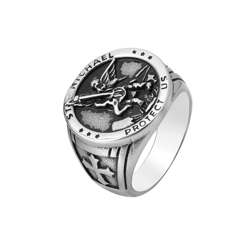 Anello Sigillo San Michele Acciaio Inossidabile Religioso Arcangelo Croce Vintage Retrò Gotico Uomo