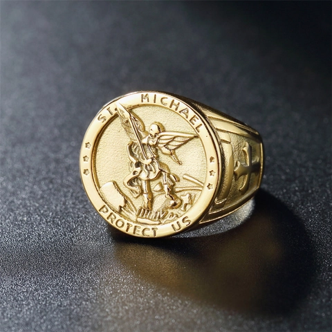 Anello Sigillo San Michele Acciaio Inossidabile Religioso Arcangelo Croce Vintage Retrò Gotico Uomo