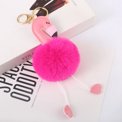Flamingo Pom Pom Keychain Faux Fur PU Leather Metal Charm Bag Ornament Cute Animal Accessory For Women Girls