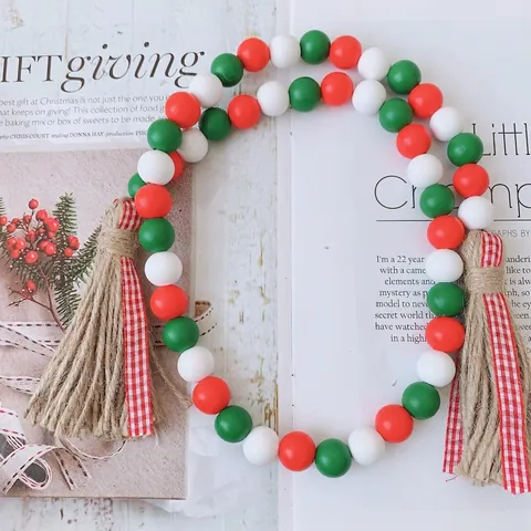 Wood Bead Garland Natural Hemp Rope Tassels Farmhouse Wall Hanging Decor Rustic Boho Home Ornament