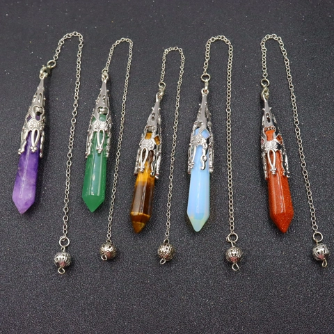 Vintage Hexagonal Prism Bullet Natural Stone Pendant Necklace For Women Retro Alloy Hollow Cap Amethyst Opal Crystal Point Pendant Neckwear Jewelry Gift