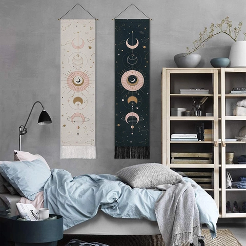 Arazzo Da Parete Fasi Lunari Astrologia Sole Mistico Fiore Appeso Con Nappa Decorazione Boho Cotone Lino