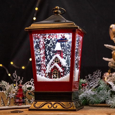 Christmas Snowing Lantern LED Music Box Retro Metal Lamp Post Santa Snowman Scene Holiday Home Party Decor Ornament