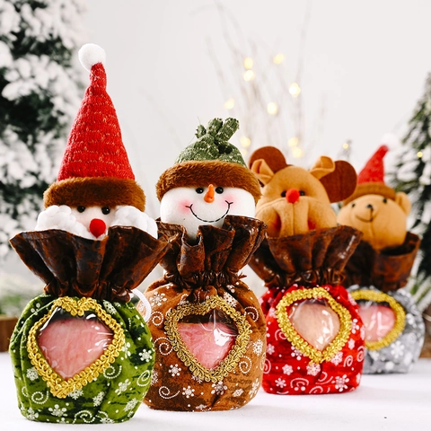 Christmas Cartoon Gift Bag Polyester Burlap Drawstring Storage Sack With Clear Heart Window For Candy Apple Festival Party Decoration