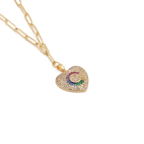 Heart Pendant Necklace Gold Plated Copper Colorful Rainbow Cubic Zirconia Hip Hop Fashion Jewelry For Women