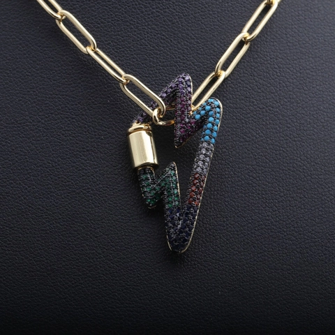 Collana Con Ciondolo A Fulmine Rame Zircone Colorato Catena A Graffetta Oro Gioielli Hip Hop Da Donna
