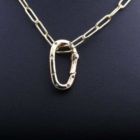 Collar Con Colgante De Mosquetón Ovalado Hip Hop Cobre Circón Colorido Micro Incrustado Cadena De Clip Joyería