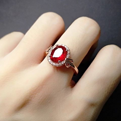Vintage Oval Red Synthetic Ruby Ring For Women 18K Rose Gold Plated Copper Hollow Heart Adjustable Halo Design
