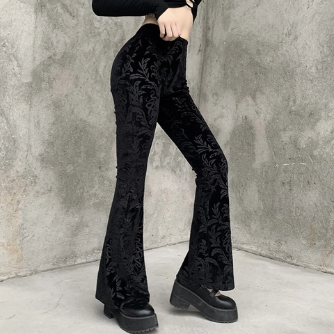 Pantalones Acampanados Góticos Mujeres Cintura Alta Algodón Poliéster Terciopelo Estampado Damasco Relieve Ajustado Streetwear