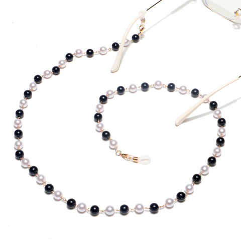 Handgemaakte Mode Zwart Wit Imitatieparel Brillenketting Met Metalen Karabijnsluiting En Siliconen Antislip Lussen