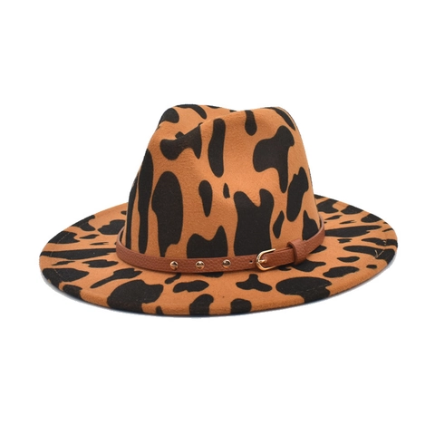 Cappello Fedora Stampa Mucca Leopardo Feltro Di Lana Tesa Larga Jazz Cap Con Cintura Borchie Stile Western Unisex