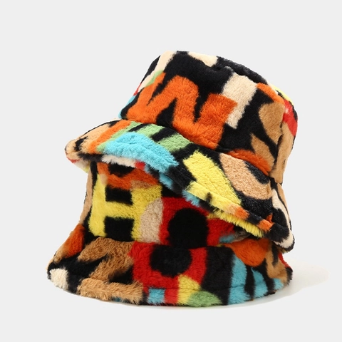 Fischerhut Aus Kunstpelz Warme Wintermütze Bunter Buchstabendruck Plüsch Mode Streetwear Outdoor Für Damen