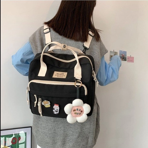 Japanischer Ins Stil Nylon Rucksack Für Damen Kawaii Schultasche Mit Blumenanhänger Und Pins Mehrere Taschen Handtasche