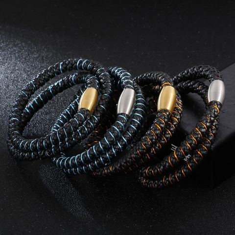 Herren Armband Aus Geflochtenem Echtleder Mit Magnetverschluss Aus Edelstahl Doppelreihig Geflochten Mode Punk Stil