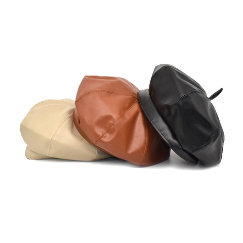 Boina De Cuero PU Para Mujer Estilo Británico Retro Gorra De Vendedor De Periódicos Vintage Octogonal Color Sólido Cálida