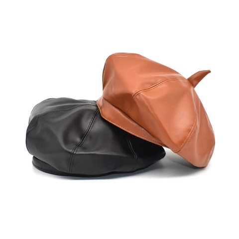 Boina De Cuero PU Para Mujer Estilo Británico Retro Gorra De Vendedor De Periódicos Vintage Octogonal Color Sólido Cálida