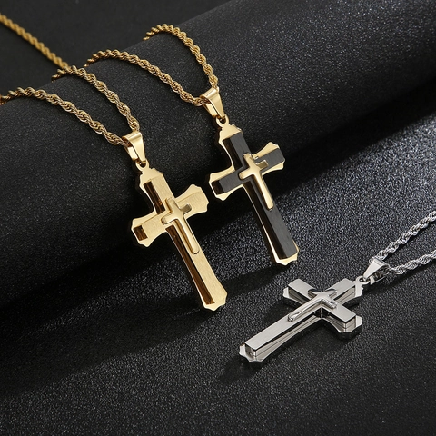 Cross Pendant Necklace Stainless Steel Double Layered Jewelry Rope Chain Trendy Hip Hop Fashion Accessories For Men Women