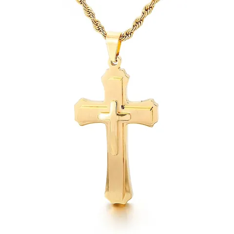 Heren Kruis Hanger Ketting 316L Roestvrij Staal Dubbellaags Religieuze Klassieke Hip Hop Sieraden Met Touwketting