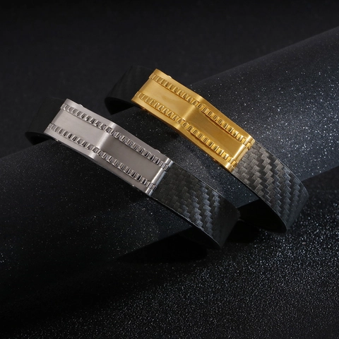 Bracelet Homme En Acier Inoxydable Avec Texture En Fibre De Carbone Industriel Géométrique Jonc Mode Sportif