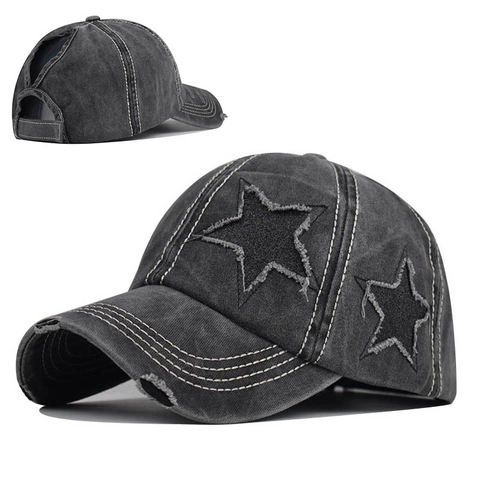 Berretto Da Baseball In Cotone Lavato Con Foro Per Coda Di Cavallo Toppa A Stella Vintage Consumata Cappello Regolabile