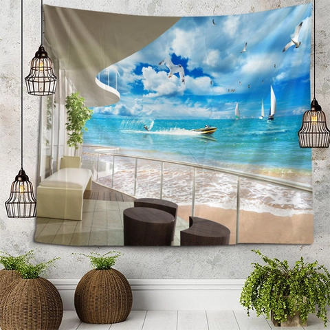 Tapiz De Pared Con Vista A La Ventana Poliéster Impresión 3D Para Dormitorio Sala Paisaje Playa Bosque Montaña