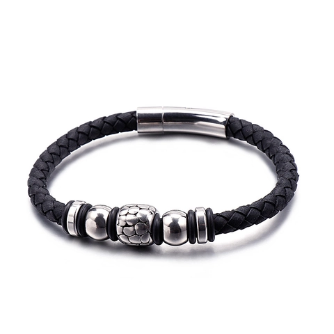 Geflochtenes Lederarmband Für Herren Mit Edelstahlperlen Und Magnetverschluss Trendiger Maskuliner Punk-Stil Schmuck
