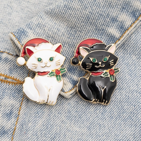 Spilla Gatto Di Natale Lega Smalto Strass Cappello Babbo Natale Gattino Pin Accessori Per Abbigliamento Festivi