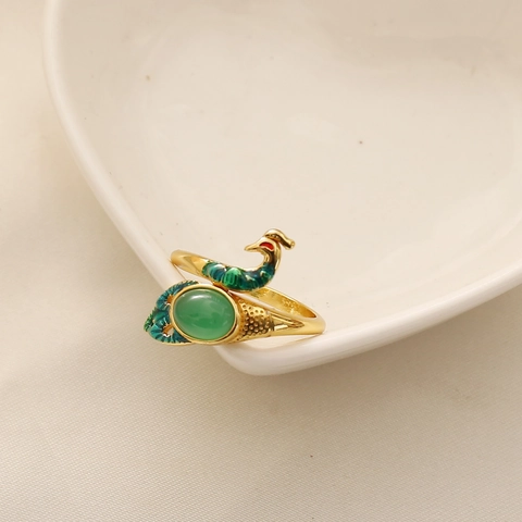 Peacock Ring Alloy Semi-Precious Stone Adjustable Open Loop Knitting Yarn Guide Retro Jewelry For Women