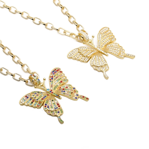 Hip Hop Butterfly Pendant Necklace With Rhinestones Alloy Jewelry Punk Style Gold Color Copper Link Chain