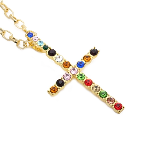 Hip Hop Kruis Hanger Ketting Koperen Ketting Legering Met Kleurrijke Strass Punk Sieraden Cadeau Voor Heren Dames
