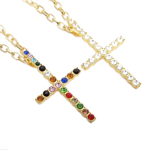 Hip Hop Kruis Hanger Ketting Koperen Ketting Legering Met Kleurrijke Strass Punk Sieraden Cadeau Voor Heren Dames