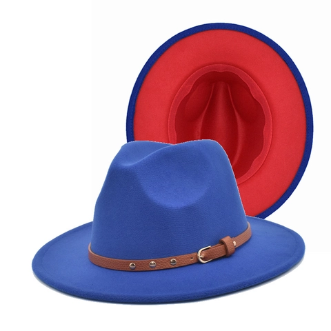 Cappello Fedora A Tesa Larga Feltro Di Lana Bicolore Contrasto Cappello Jazz Con Fascia In Pelle E Borchie Dorate