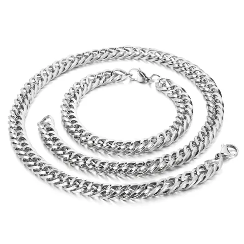 Stainless Steel Cuban Link Necklace And Bracelet Jewelry Braided Curb Chain Silver Tone Punk Streetwear For Men Women