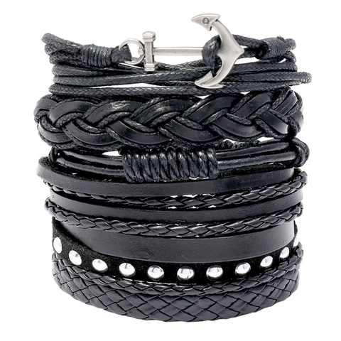 Stackable Braided Bracelets Vintage Cowhide Leather Alloy Anchor Charm Rivet Punk Style Adjustable For Men And Women