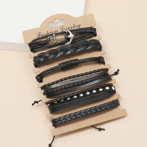 Stackable Braided Bracelets Vintage Cowhide Leather Alloy Anchor Charm Rivet Punk Style Adjustable For Men And Women