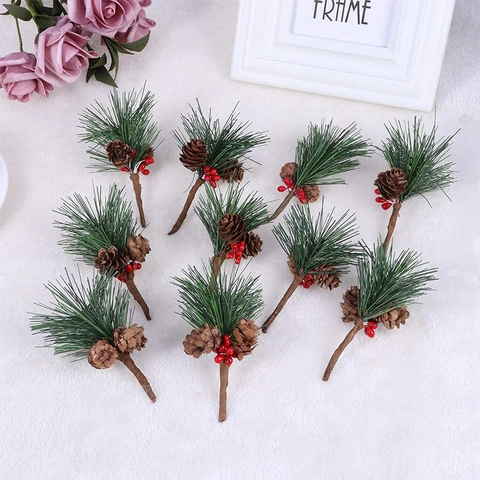Artificial Christmas Pine Needle Picks With Pine Cones And Red Berries For Holiday Gift Box Ornament Xmas Tree Decor