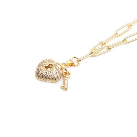 Collar Con Colgante De Corazón Y Llave Cobre Micro Circonia Diamantes De Imitación Cadena De Clip Joyería Hip Hop