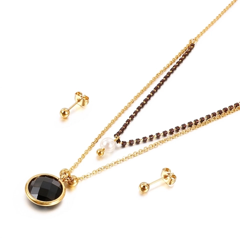 Double Layered Necklace And Ball Stud Earrings Stainless Steel Round Faceted Glass Gemstone Faux Artificial Pearl Fashion Women Jewelry