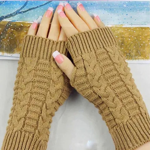 Cable Knit Fingerless Gloves Winter Warm Acrylic Half Finger Arm Warmers Ribbed Cuff Solid Color Unisex Fashion